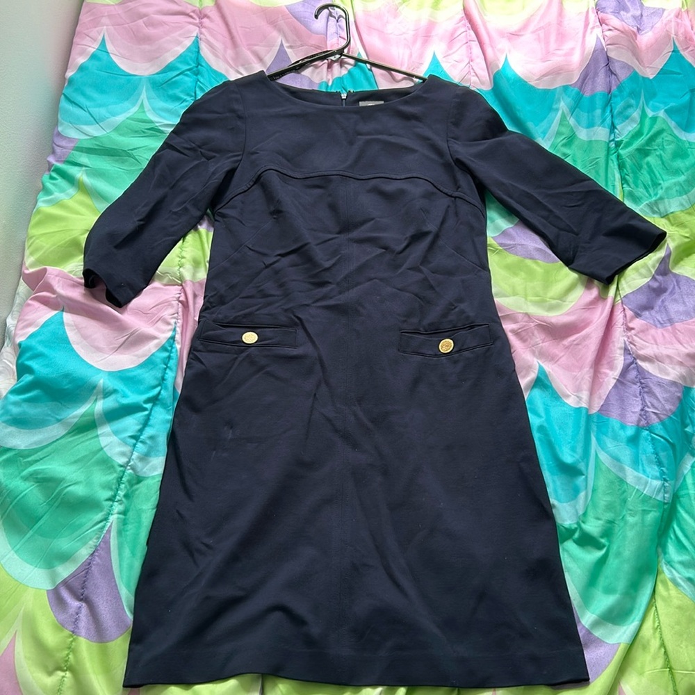 Three quarters sleeve navy blue shift dress